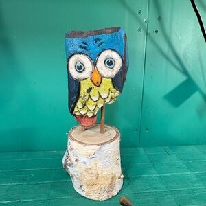 Hand-Painted Blue and Green Owl Sculpture on Birch Base